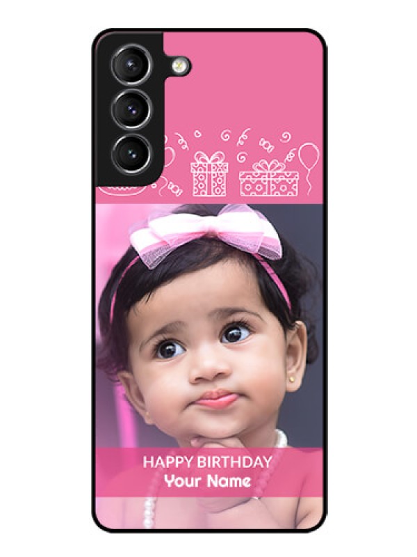 Custom Galaxy s21 Plus Photo Printing on Glass Case  - with Birthday Line Art Design