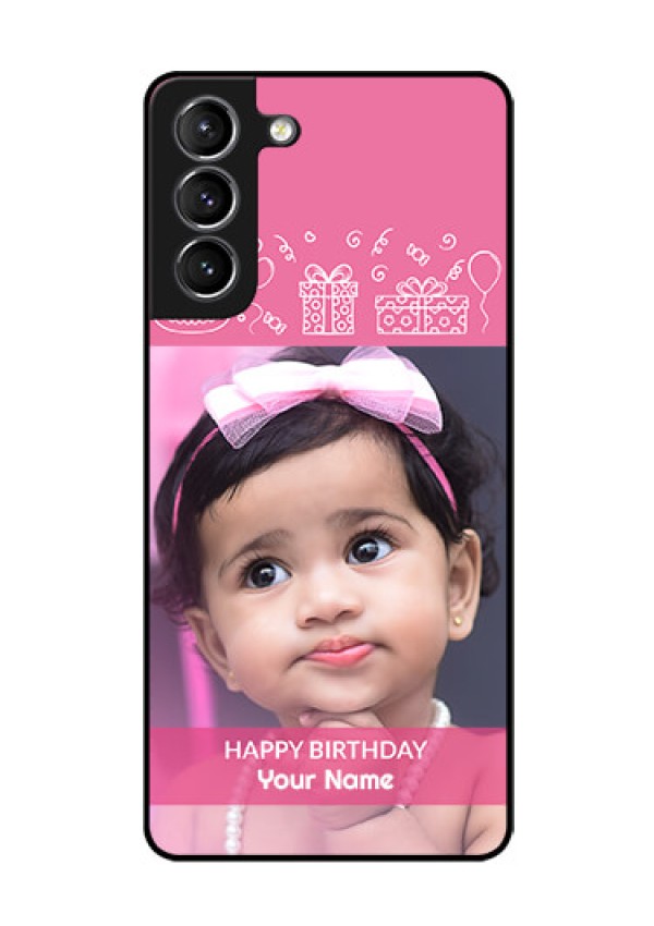 Galaxy s21 Plus Photo Printing on Glass Case  - with Birthday Line Art Design