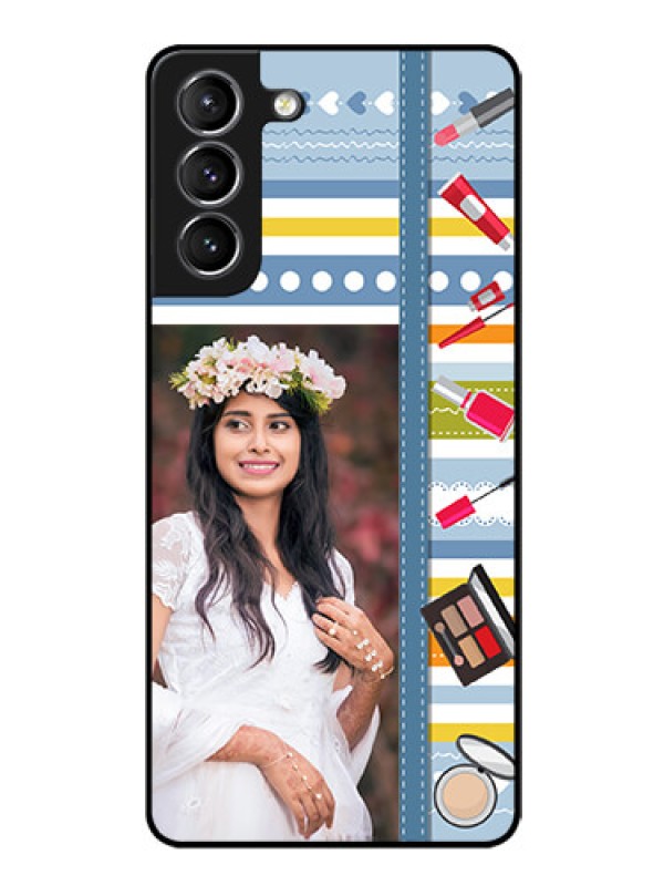 Custom Galaxy s21 Plus Personalized Glass Phone Case  - Makeup Icons Design
