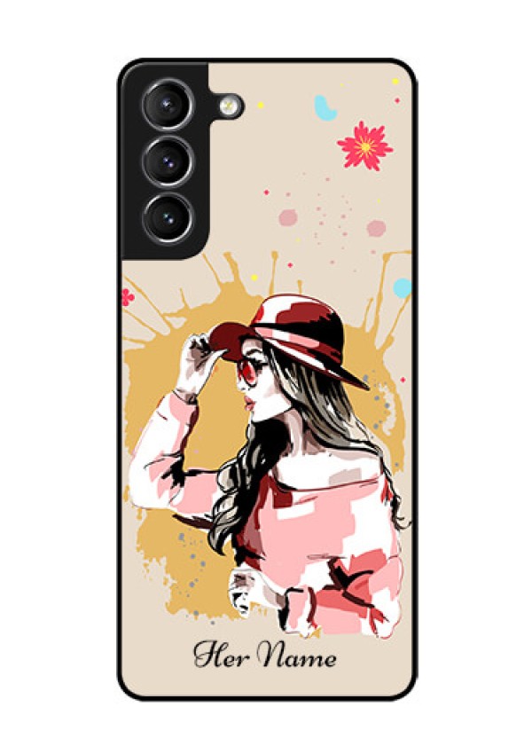Galaxy S21 Plus Photo Printing on Glass Case - Women with pink hat Design