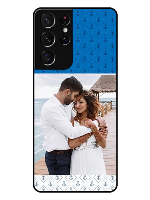 Custom Galaxy S21 Ultra Photo Printing on Glass Case  - Blue Anchors Design