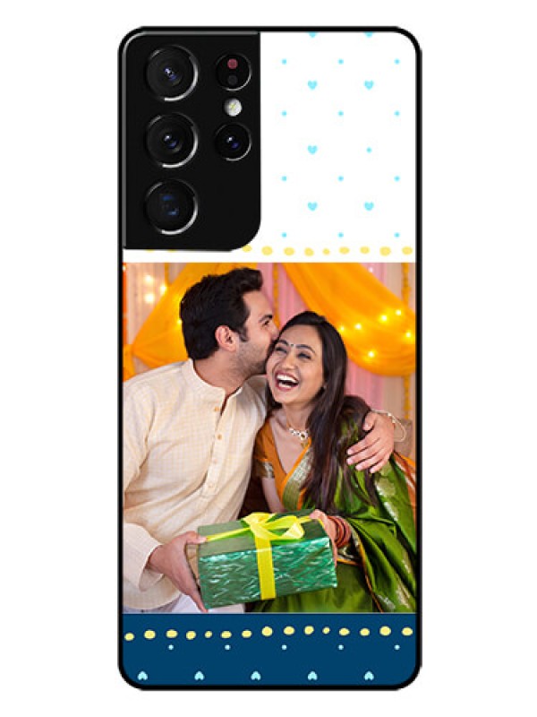 Custom Galaxy S21 Ultra Personalized Glass Phone Case  - White and Blue Abstract Design