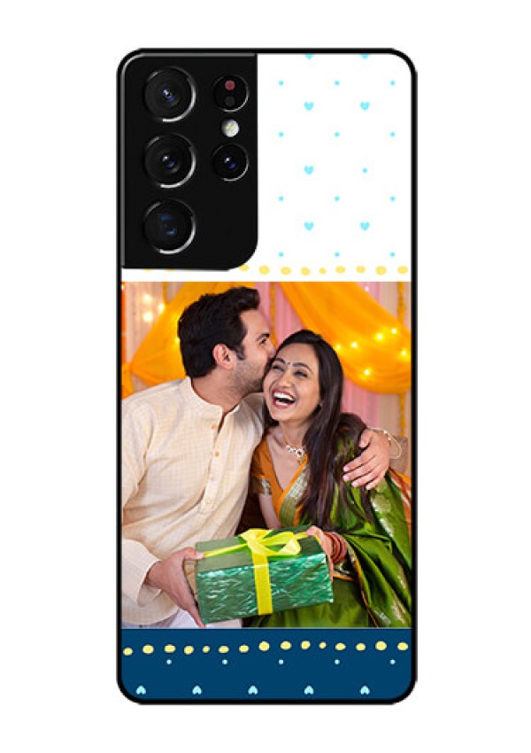 Galaxy S21 Ultra Personalized Glass Phone Case  - White and Blue Abstract Design