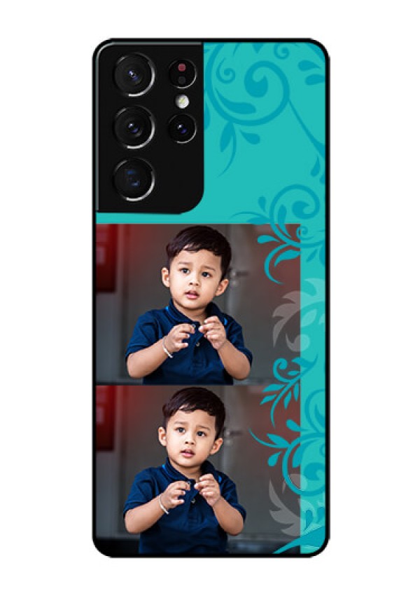Galaxy S21 Ultra Personalized Glass Phone Case  - with Photo and Green Floral Design 
