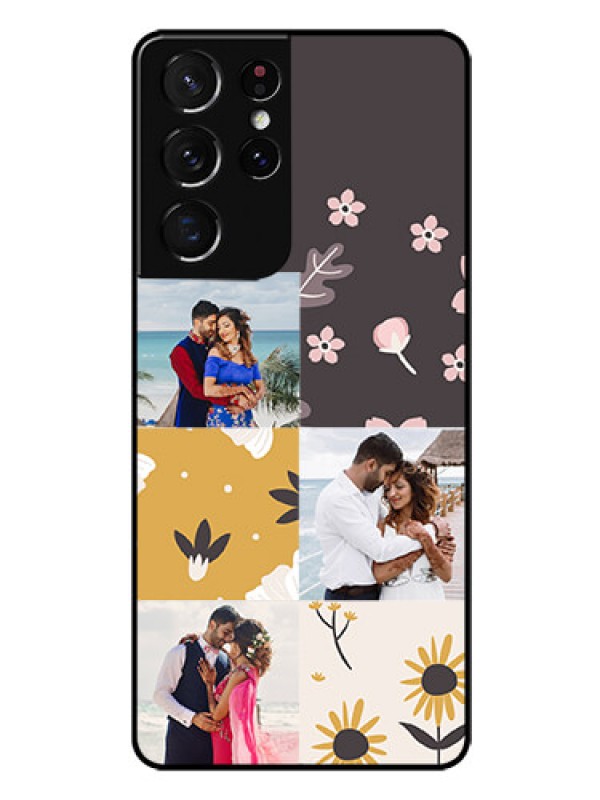 Custom Galaxy S21 Ultra Photo Printing on Glass Case  - 3 Images with Floral Design