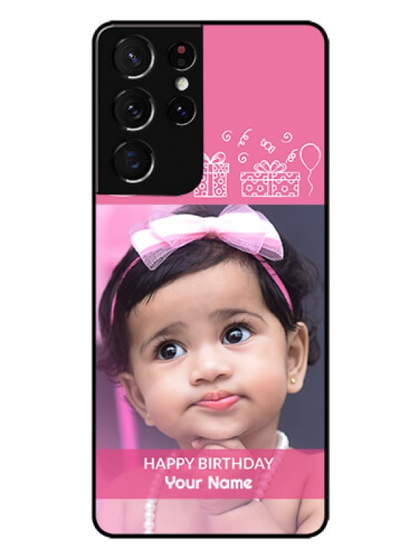Custom Galaxy S21 Ultra Photo Printing on Glass Case  - with Birthday Line Art Design