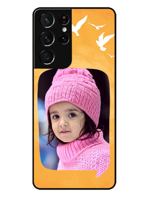Custom Galaxy S21 Ultra Personalized Glass Phone Case  - Water Color Design with Bird Icons