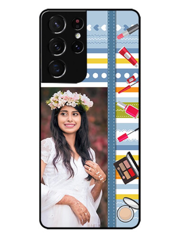 Custom Galaxy S21 Ultra Personalized Glass Phone Case  - Makeup Icons Design