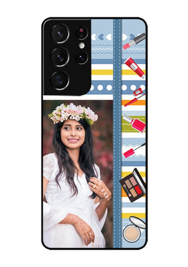 Galaxy S21 Ultra Personalized Glass Phone Case  - Makeup Icons Design