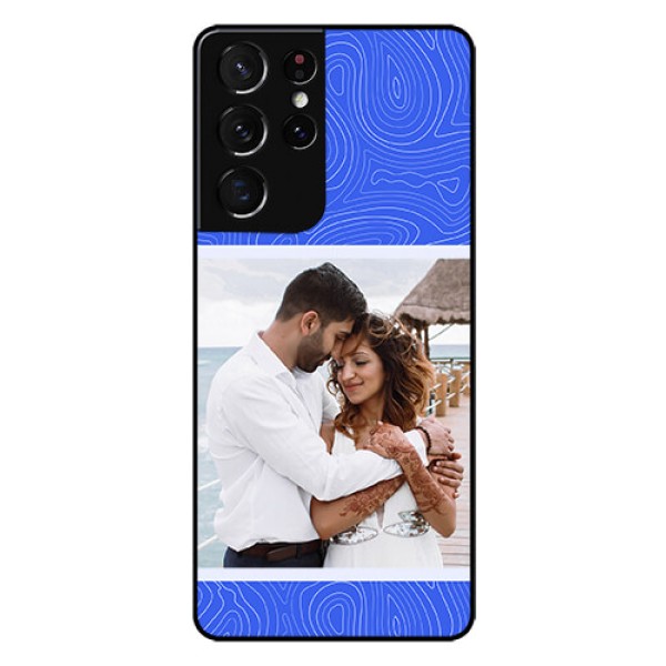 Galaxy S21 Ultra Custom Glass Mobile Case - Curved line art with blue and white Design Galaxy S21 Ultra Custom Glass Mobile Case - Curved line art with blue and white Design