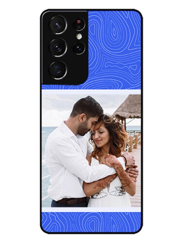 Custom Galaxy S21 Ultra Custom Glass Mobile Case - Curved line art with blue and white Design