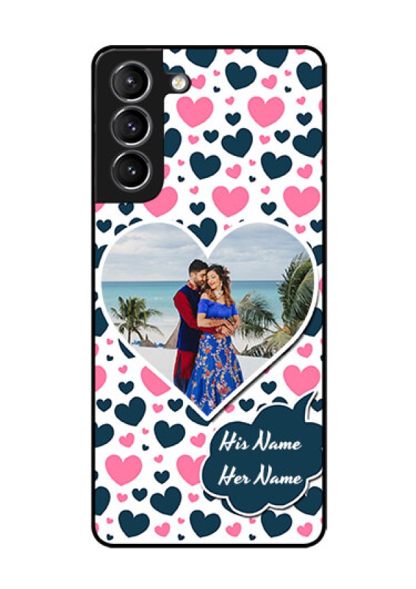 Galaxy S21 Custom Glass Phone Case  - Pink & Blue Heart Design