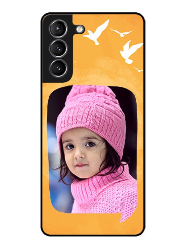 Custom Galaxy S21 Personalized Glass Phone Case  - Water Color Design with Bird Icons