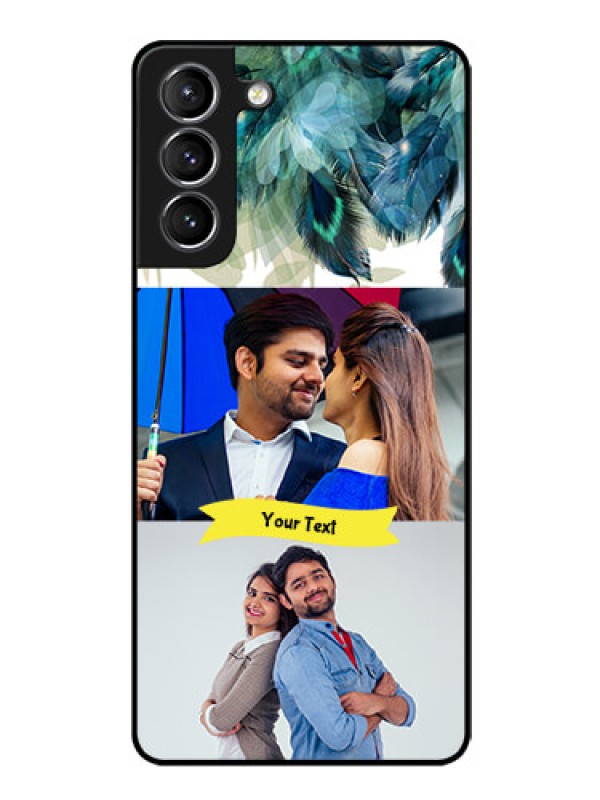 Custom Galaxy S21 Personalized Glass Phone Case  - Image with Boho Peacock Feather Design