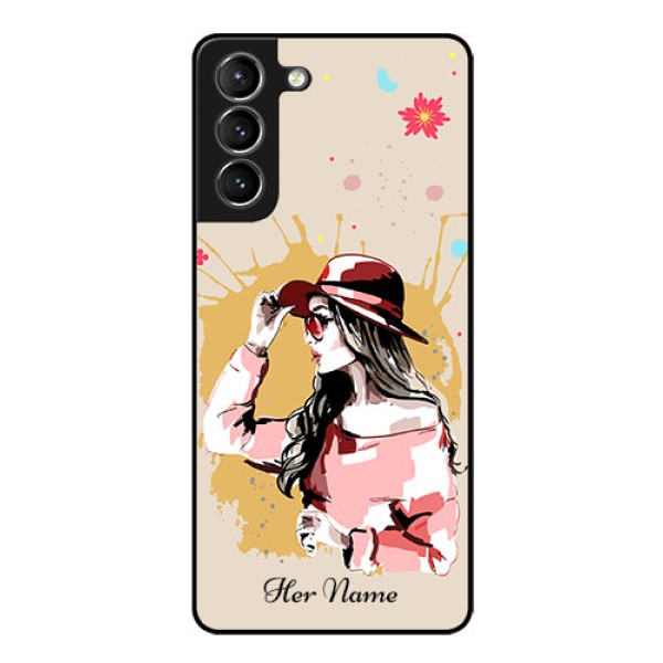 Galaxy S21 Photo Printing on Glass Case - Women with pink hat Design Galaxy S21 Photo Printing on Glass Case - Women with pink hat Design