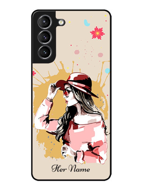 Custom Galaxy S21 Photo Printing on Glass Case - Women with pink hat Design