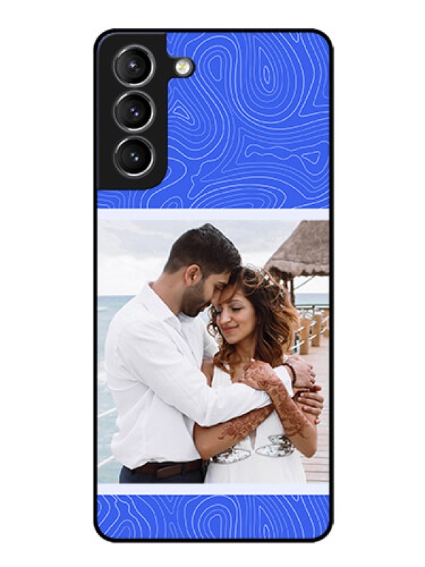 Custom Galaxy S21 Custom Glass Mobile Case - Curved line art with blue and white Design