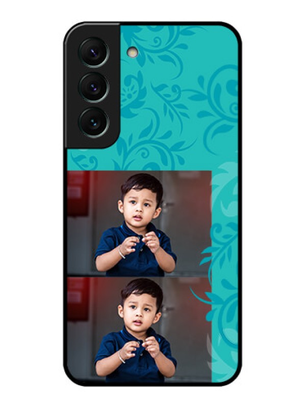 Custom Galaxy S22 5G Personalized Glass Phone Case - with Photo and Green Floral Design