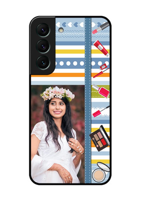 Galaxy S22 5G Personalized Glass Phone Case - Makeup Icons Design