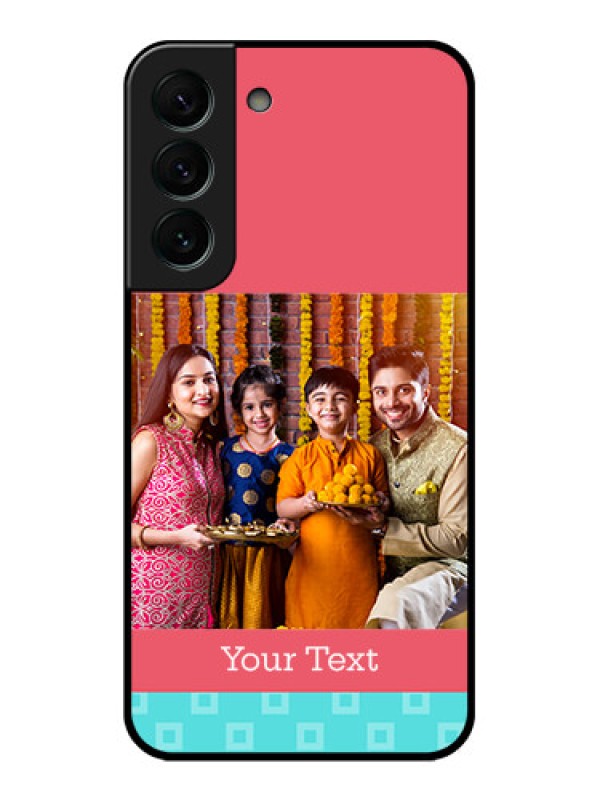 Custom Galaxy S22 Plus 5G Personalized Glass Phone Case - Peach & Blue Color Design