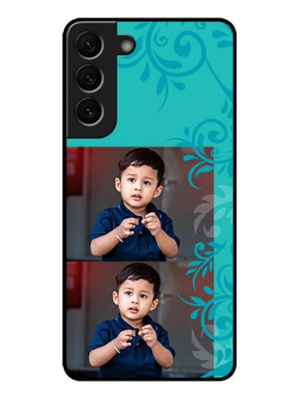 Custom Galaxy S22 Plus 5G Personalized Glass Phone Case - with Photo and Green Floral Design