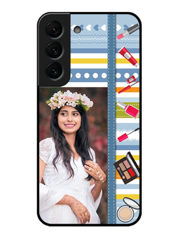 Custom Galaxy S22 Plus 5G Personalized Glass Phone Case - Makeup Icons Design