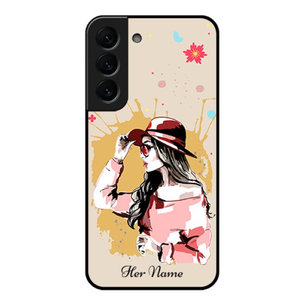 Galaxy S22 Plus 5G Photo Printing on Glass Case - Women with pink hat Design Galaxy S22 Plus 5G Photo Printing on Glass Case - Women with pink hat Design