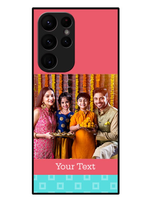 Custom Galaxy S22 Ultra 5G Personalized Glass Phone Case - Peach & Blue Color Design