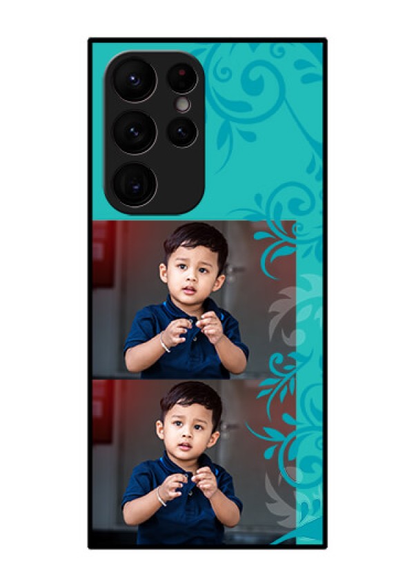 Galaxy S22 Ultra 5G Personalized Glass Phone Case - with Photo and Green Floral Design