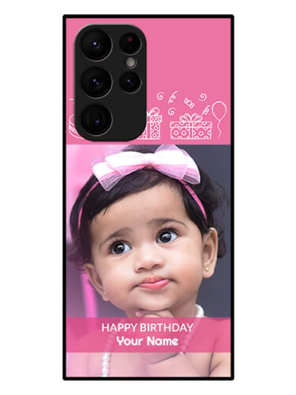 Custom Galaxy S22 Ultra 5G Photo Printing on Glass Case - with Birthday Line Art Design