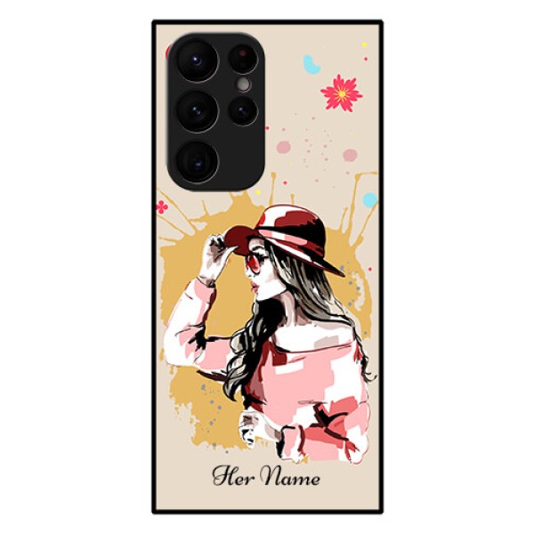 Galaxy S22 Ultra 5G Photo Printing on Glass Case - Women with pink hat Design Galaxy S22 Ultra 5G Photo Printing on Glass Case - Women with pink hat Design