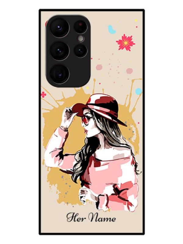 Custom Galaxy S22 Ultra 5G Photo Printing on Glass Case - Women with pink hat Design
