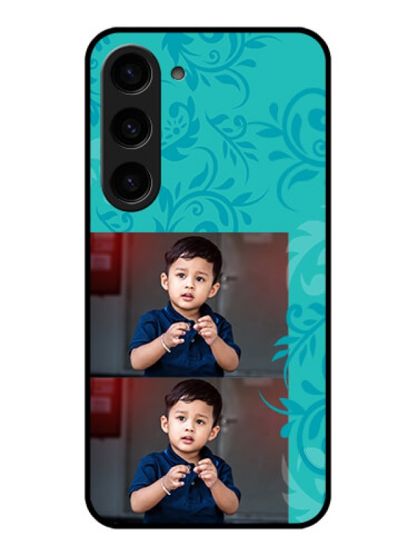 Custom Galaxy S23 5G Personalized Glass Phone Case - with Photo and Green Floral Design