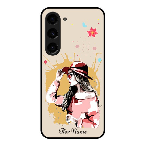 Galaxy S23 5G Photo Printing on Glass Case - Women with pink hat Design Galaxy S23 5G Photo Printing on Glass Case - Women with pink hat Design