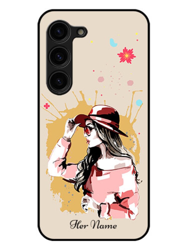 Custom Galaxy S23 5G Photo Printing on Glass Case - Women with pink hat Design