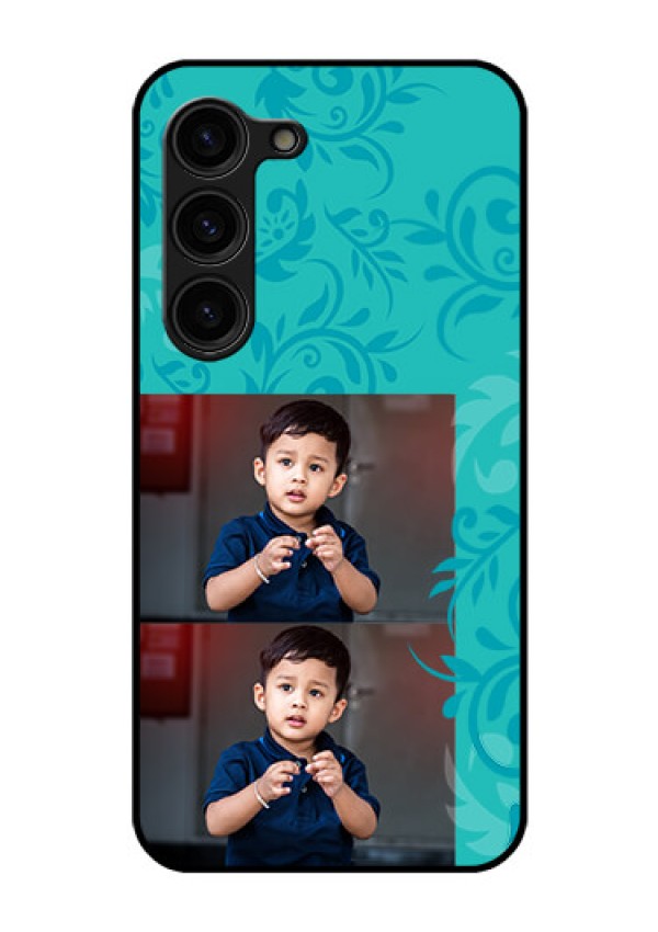 Galaxy S23 Plus 5G Personalized Glass Phone Case - with Photo and Green Floral Design