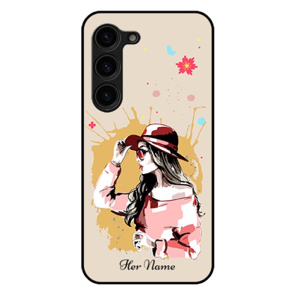 Galaxy S23 Plus 5G Photo Printing on Glass Case - Women with pink hat Design Galaxy S23 Plus 5G Photo Printing on Glass Case - Women with pink hat Design