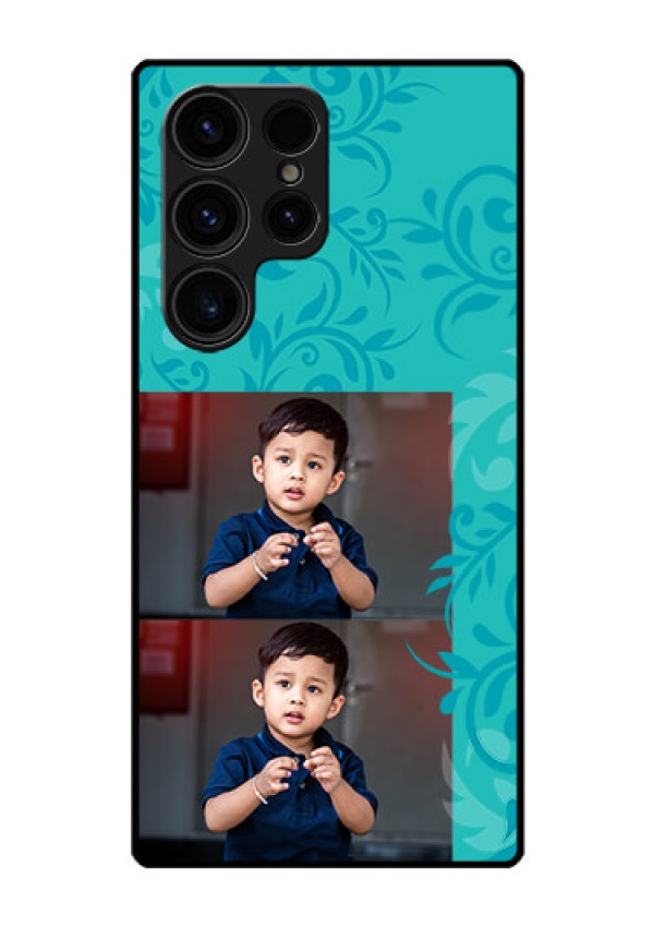 Galaxy S23 Ultra 5G Personalized Glass Phone Case - with Photo and Green Floral Design
