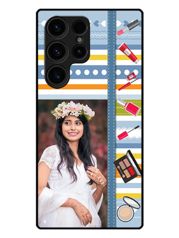 Custom Galaxy S23 Ultra 5G Personalized Glass Phone Case - Makeup Icons Design