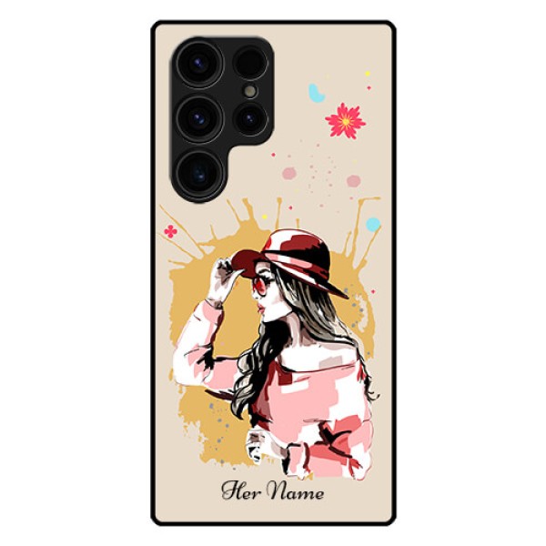 Galaxy S23 Ultra 5G Photo Printing on Glass Case - Women with pink hat Design Galaxy S23 Ultra 5G Photo Printing on Glass Case - Women with pink hat Design