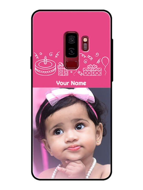 Custom Samsung Galaxy S9 Plus Photo Printing on Glass Case  - with Birthday Line Art Design