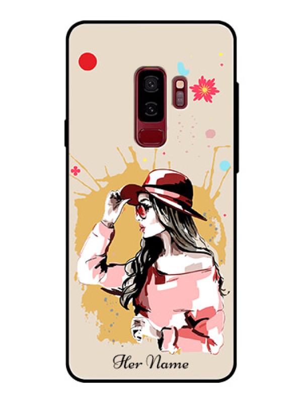 Custom Galaxy S9 Plus Photo Printing on Glass Case - Women with pink hat Design