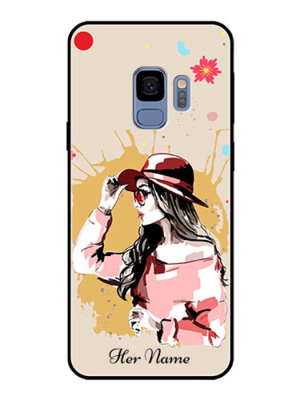 Custom Galaxy S9 Photo Printing on Glass Case - Women with pink hat Design