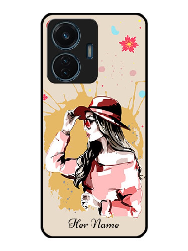 Custom Vivo T1 44W 4G Photo Printing on Glass Case - Women with pink hat Design