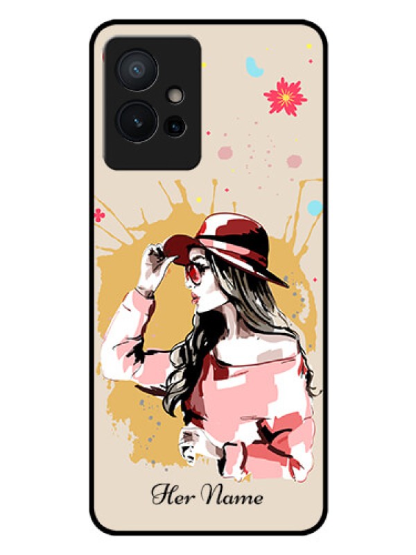 Custom Vivo T1 5G Photo Printing on Glass Case - Women with pink hat Design