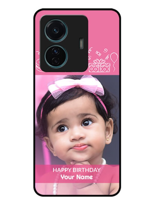 Custom Vivo T1 Pro 5G Photo Printing on Glass Case - with Birthday Line Art Design