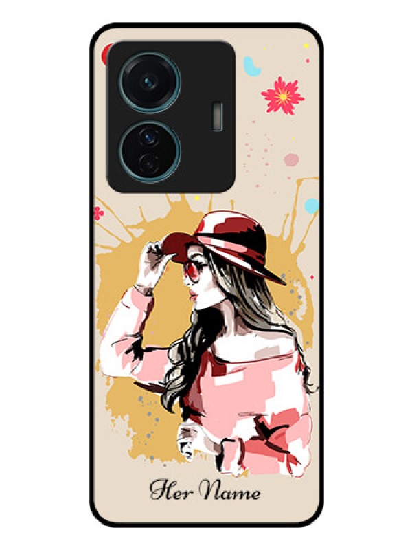 Custom Vivo T1 Pro 5G Photo Printing on Glass Case - Women with pink hat Design