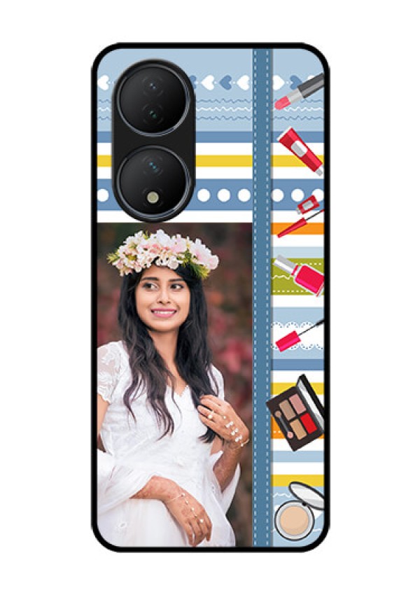 Vivo T2 5G Personalized Glass Phone Case - Makeup Icons Design