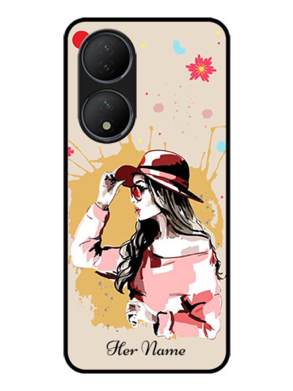 Custom Vivo T2 5G Photo Printing on Glass Case - Women with pink hat Design