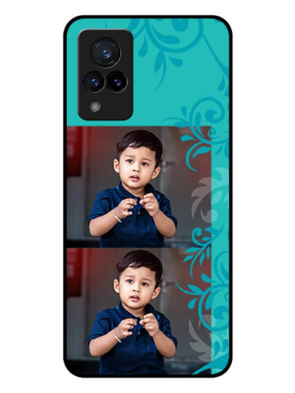 Custom Vivo V21 5G Personalized Glass Phone Case - with Photo and Green Floral Design 